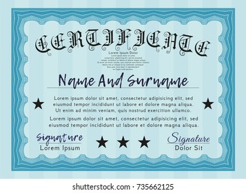 Light blue Certificate. Sophisticated design. Detailed. With guilloche pattern and background. 