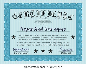Light blue Certificate. Superior design. Customizable, Easy to edit and change colors. With guilloche pattern and background. 