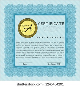 Light blue Certificate template. Artistry design. Vector illustration. With guilloche pattern and background. 