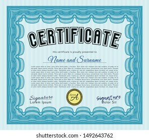 Light blue Certificate template. Artistry design. With complex background. Detailed. 
