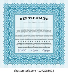 Light blue Certificate template. With background. Detailed. Superior design. 