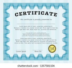 Light blue Certificate template. With background. Detailed. Nice design. 