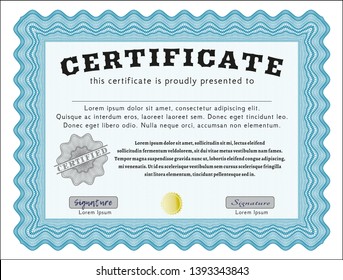 Light blue Certificate template. With background. Vector illustration. Money style design. 