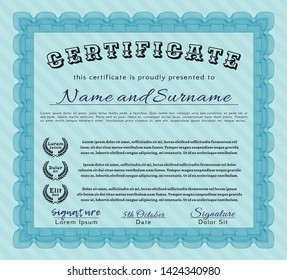 Light blue Certificate template. Beauty design. Detailed. With guilloche pattern and background. 