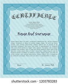 Light blue Certificate template. With complex linear background. Nice design. Vector illustration. 