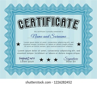 Light blue Certificate template. With complex linear background. Vector illustration. Elegant design. 