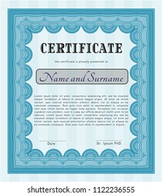 Light blue Certificate template. Cordial design. Detailed. Printer friendly. 