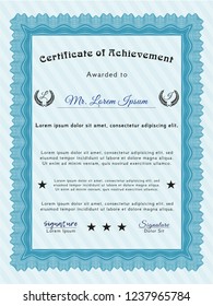 Light blue Certificate template. Cordial design. With great quality guilloche pattern. Customizable, Easy to edit and change colors. 