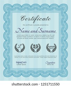 Light blue Certificate template. Cordial design. With great quality guilloche pattern. Customizable, Easy to edit and change colors. 