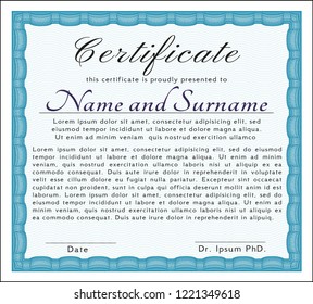 Light blue Certificate template. Customizable, Easy to edit and change colors. With great quality guilloche pattern. Money Pattern design. 