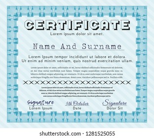 Light blue Certificate template. Customizable, Easy to edit and change colors. Printer friendly. Superior design. 
