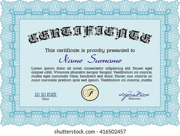 Plantilla de certificado azul claro. Personalizable, fácil de editar y cambiar los colores. Buen diseño. Fácil de imprimir. 