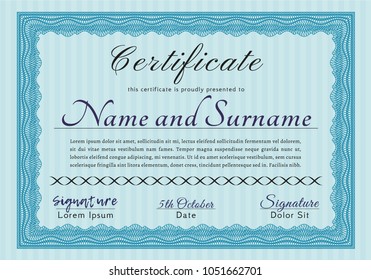 Light blue Certificate template. Detailed. With great quality guilloche pattern. Elegant design. 