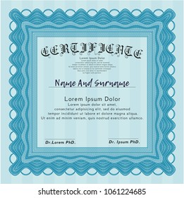 Light blue Certificate template. Detailed. With guilloche pattern and background. Nice design. 