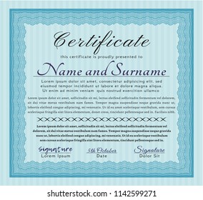 Light blue Certificate template. Detailed. With background. Retro design. 