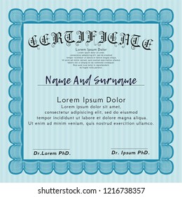 Light blue Certificate template. Detailed. With complex background. Excellent design. 