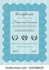 Light blue Certificate template. Detailed. With complex background. Modern design. 