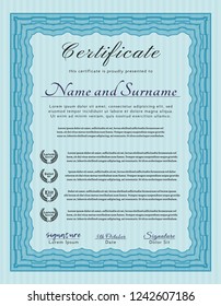 Light blue Certificate template. Detailed. With guilloche pattern. Cordial design. 
