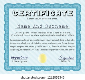 Light blue Certificate template. Detailed. With quality background. Money Pattern design. 