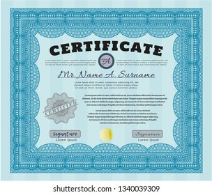 Light blue Certificate template. Detailed. With guilloche pattern and background. Nice design. 