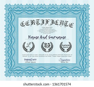 Light blue Certificate template. Detailed. With background. Excellent design. 