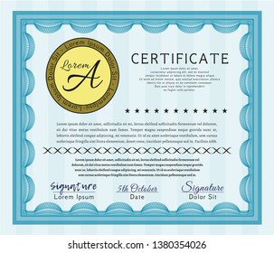 Light blue Certificate template. Detailed. With guilloche pattern. Money Pattern design. 