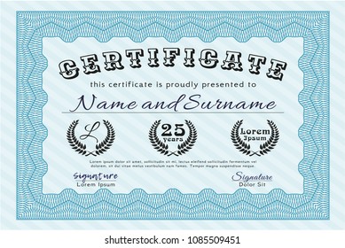  Light blue Certificate template or diploma template. With complex background. Money design. Vector illustration. 
