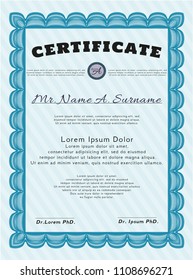 Light blue Certificate template or diploma template. With background. Sophisticated design. Vector illustration. 