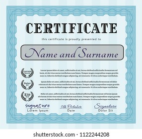Light blue Certificate template or diploma template. With great quality guilloche pattern. Money Pattern. Detailed. 