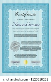 Light blue Certificate template or diploma template. Customizable, Easy to edit and change colors. With guilloche pattern. Money Pattern design. 