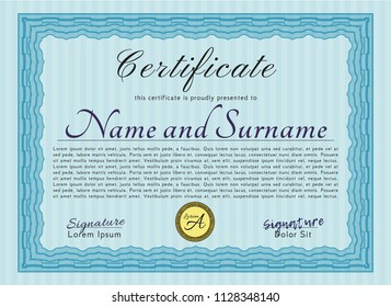 Light blue Certificate template or diploma template. Lovely design. Vector illustration. Printer friendly. 
