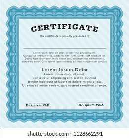 Light blue Certificate template or diploma template. With great quality guilloche pattern. Vector illustration. Money style design. 