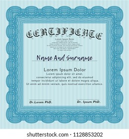 Light blue Certificate template or diploma template. With guilloche pattern and background. Vector illustration. Money design. 