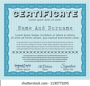 Light blue Certificate template or diploma template. Cordial design. With great quality guilloche pattern. Vector illustration. 