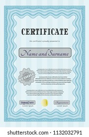 Light blue Certificate template or diploma template. Modern design. With great quality guilloche pattern. Vector illustration. 
