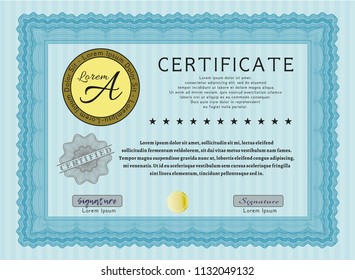 Light blue Certificate template or diploma template. Excellent design. With great quality guilloche pattern. Vector illustration. 