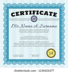 Light blue Certificate template or diploma template. With guilloche pattern and background. Detailed. Superior design. 