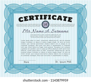 Light blue Certificate template or diploma template. Customizable, Easy to edit and change colors. With guilloche pattern. Elegant design. 