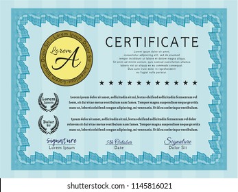 Light blue Certificate template or diploma template. Vector illustration. With great quality guilloche pattern. Modern design. 