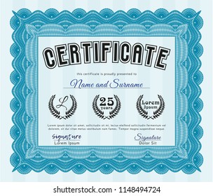 Light blue Certificate template or diploma template. Customizable, Easy to edit and change colors. Easy to print. Money Pattern. 