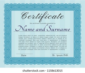 Light blue Certificate template or diploma template. Customizable, Easy to edit and change colors. Complex background. Modern design. 