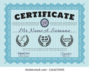 Light blue Certificate template or diploma template. Good design. With guilloche pattern and background. Detailed. 