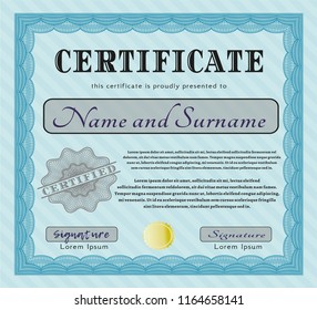 Light blue Certificate template or diploma template. With complex background. Cordial design. Customizable, Easy to edit and change colors. 