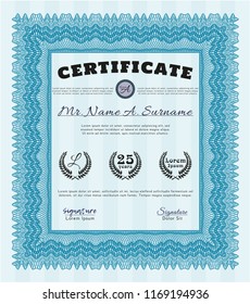 Light blue Certificate template or diploma template. Sophisticated design. With complex background. Detailed. 