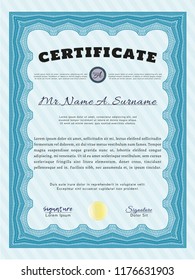 Light blue Certificate template or diploma template. Nice design. Customizable, Easy to edit and change colors. With complex linear background. 