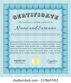 Light blue Certificate template or diploma template. With linear background. Vector illustration. Artistry design. 