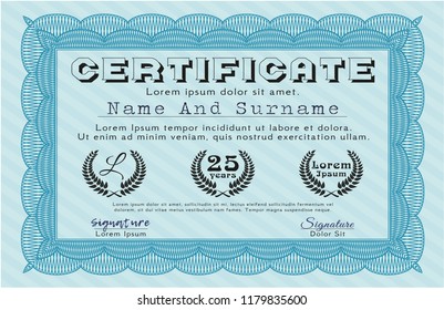 Light blue Certificate template or diploma template. Printer friendly. Customizable, Easy to edit and change colors. Artistry design. 