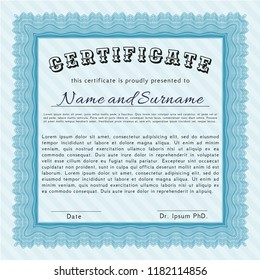 Light blue Certificate template or diploma template. With guilloche pattern. Sophisticated design. Vector illustration. 