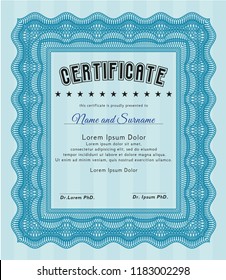 Light blue Certificate template or diploma template. With complex linear background. Detailed. Cordial design. 