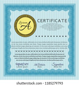 Light blue Certificate template or diploma template. Artistry design. Vector illustration. With quality background. 